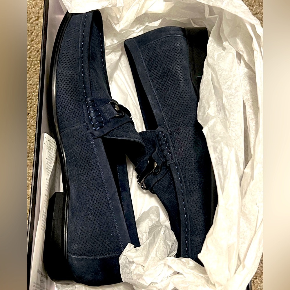 Saks Fifth Avenue Dominic-2 Perforated Suede Loafers Navy Blue Size 10.5M